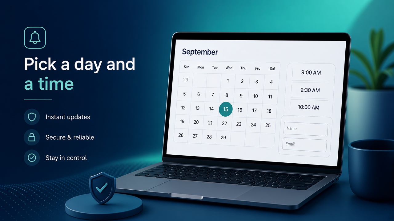 Booking calendar with a date, time slots, and a name form