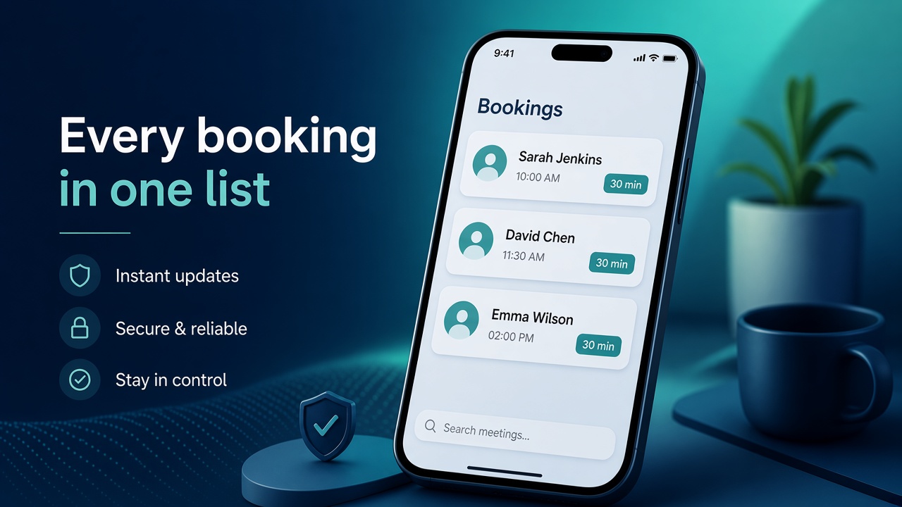A list of booked meetings with names and times